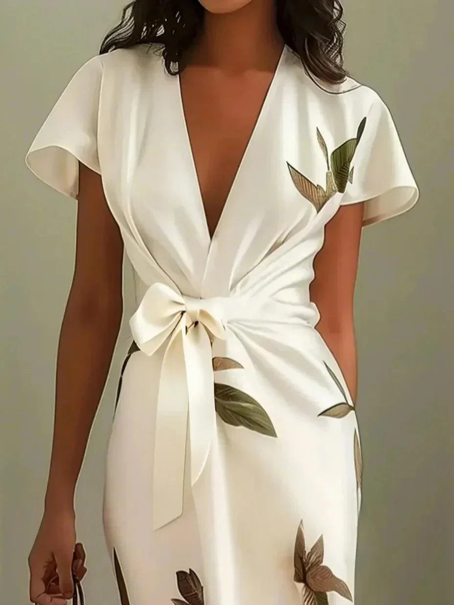 Robe portefeuille midi col V imprimée manches courtes ceinture