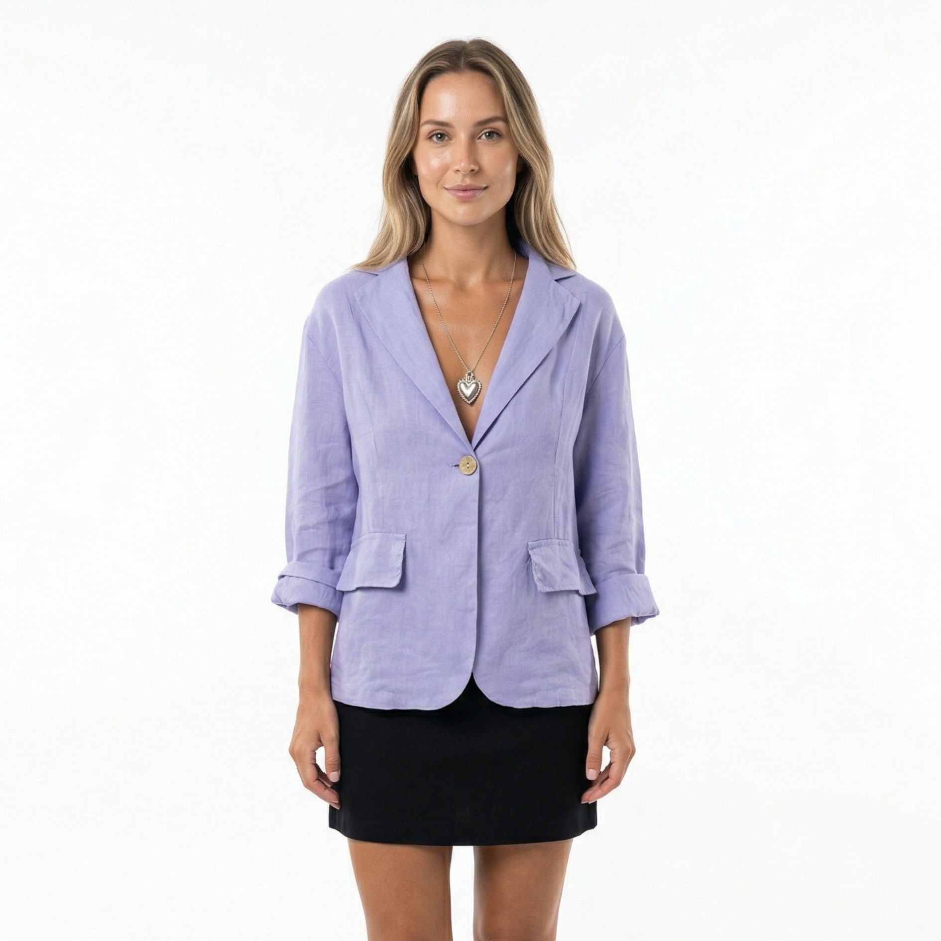Blazer femme en lin col tailleur manches retroussables coupe décontractée