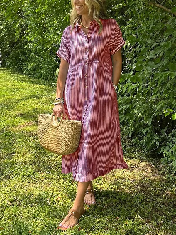 Robe chemise femme rayée midi manches courtes boutonnée coupe ample avec poches