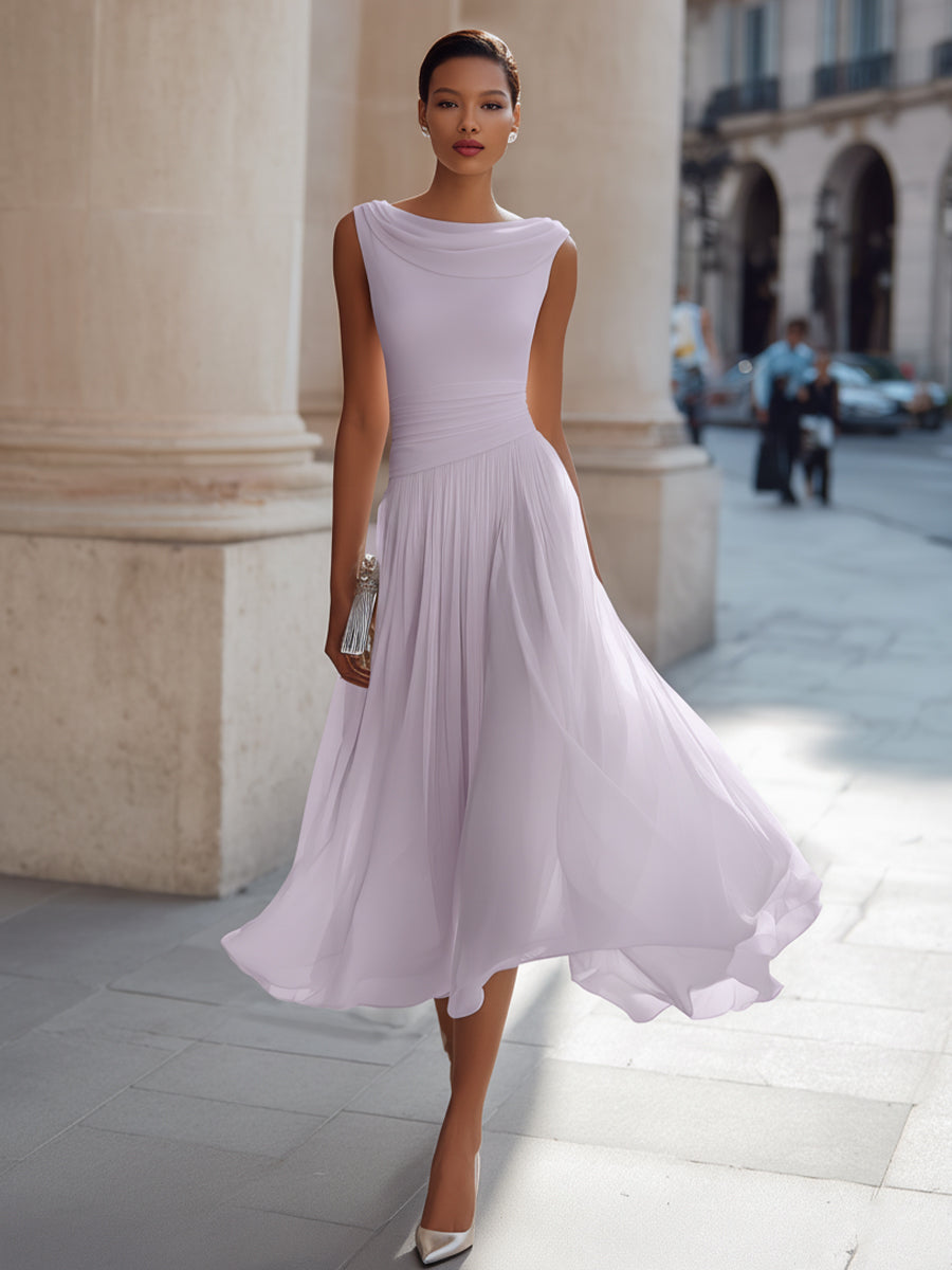 Robe midi col drapé plissée sans manches cérémonie