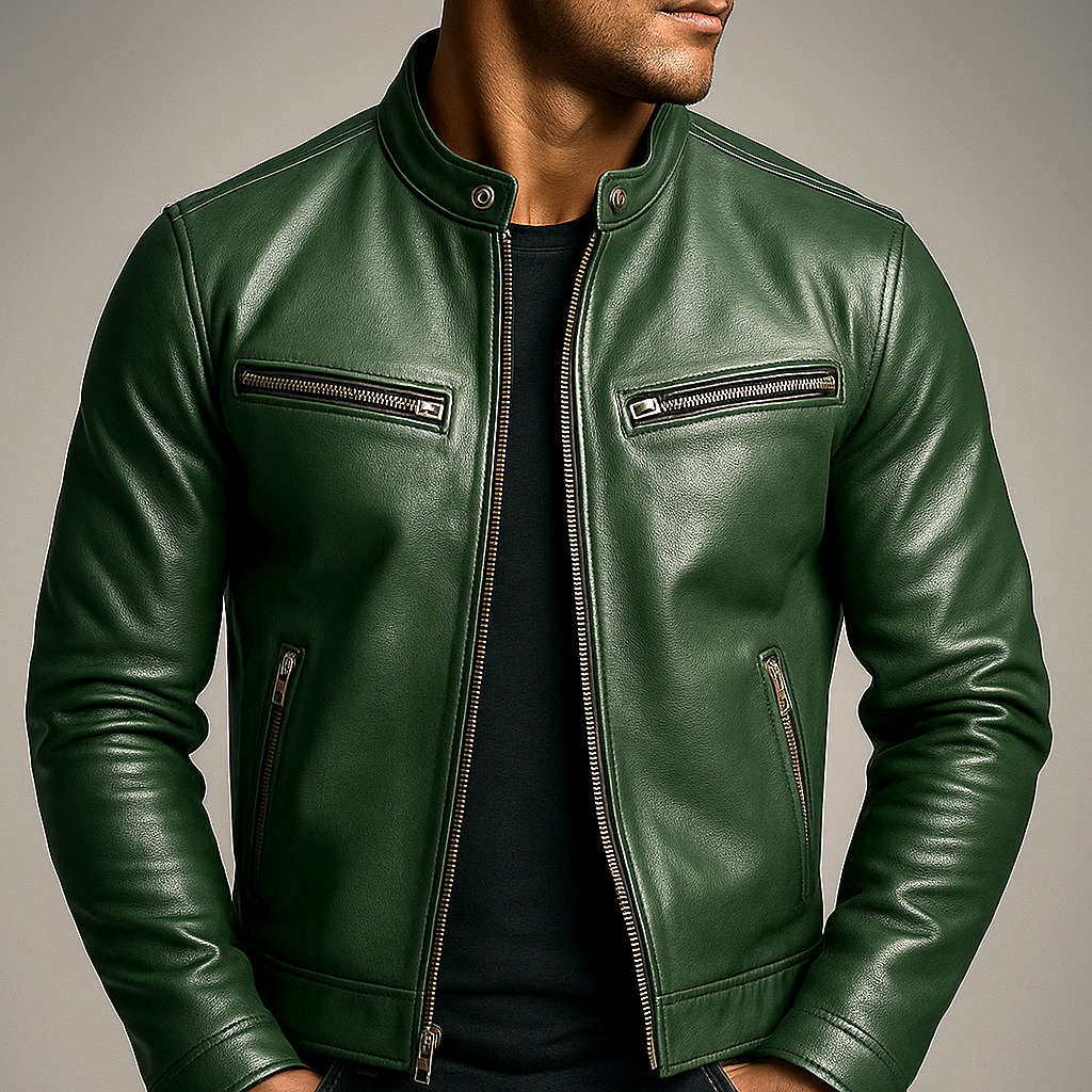Veste homme style motard en cuir avec col montant et fermeture zippée