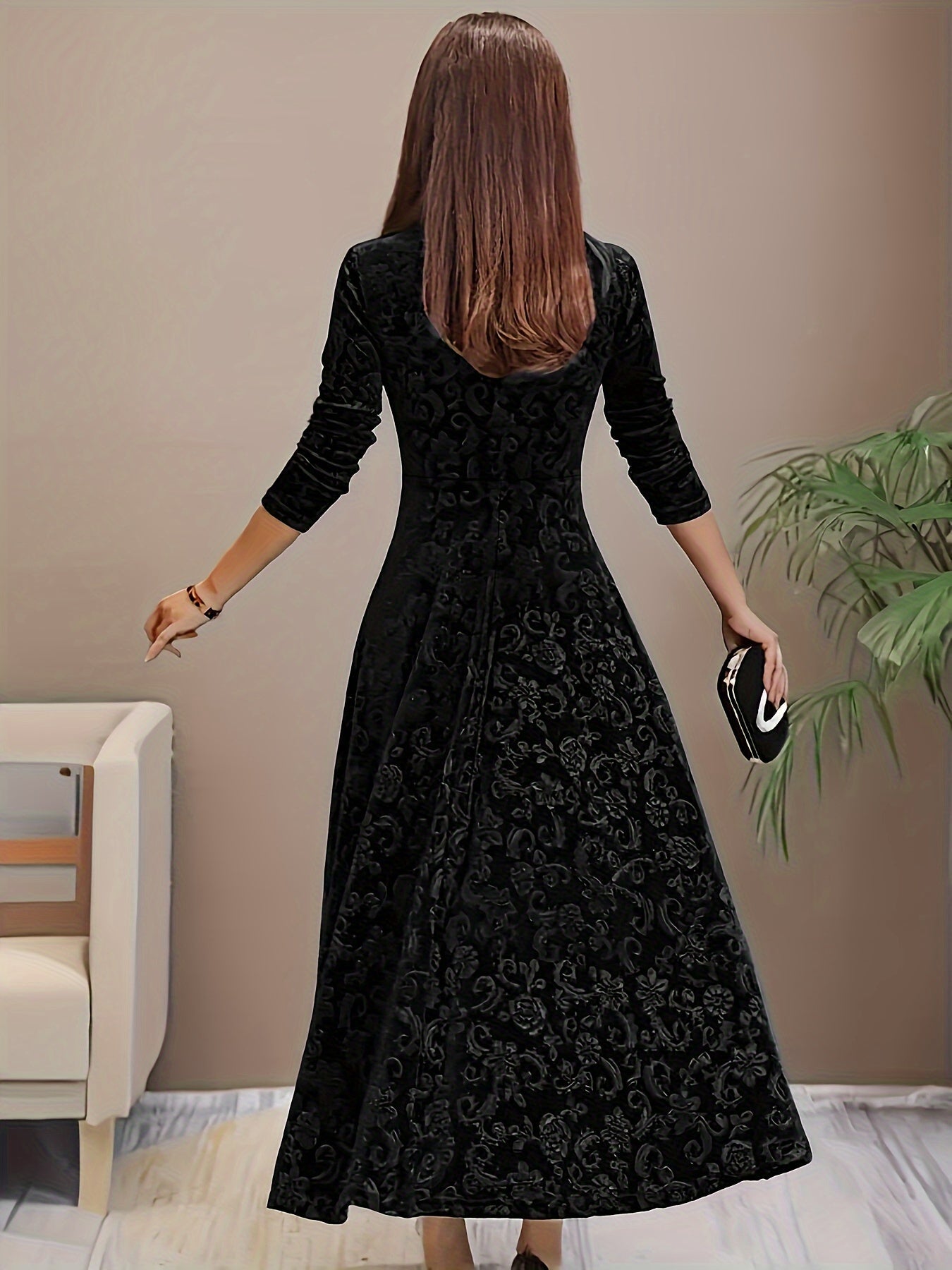 Robe midi femme col carré manches longues coupe évasée élégante