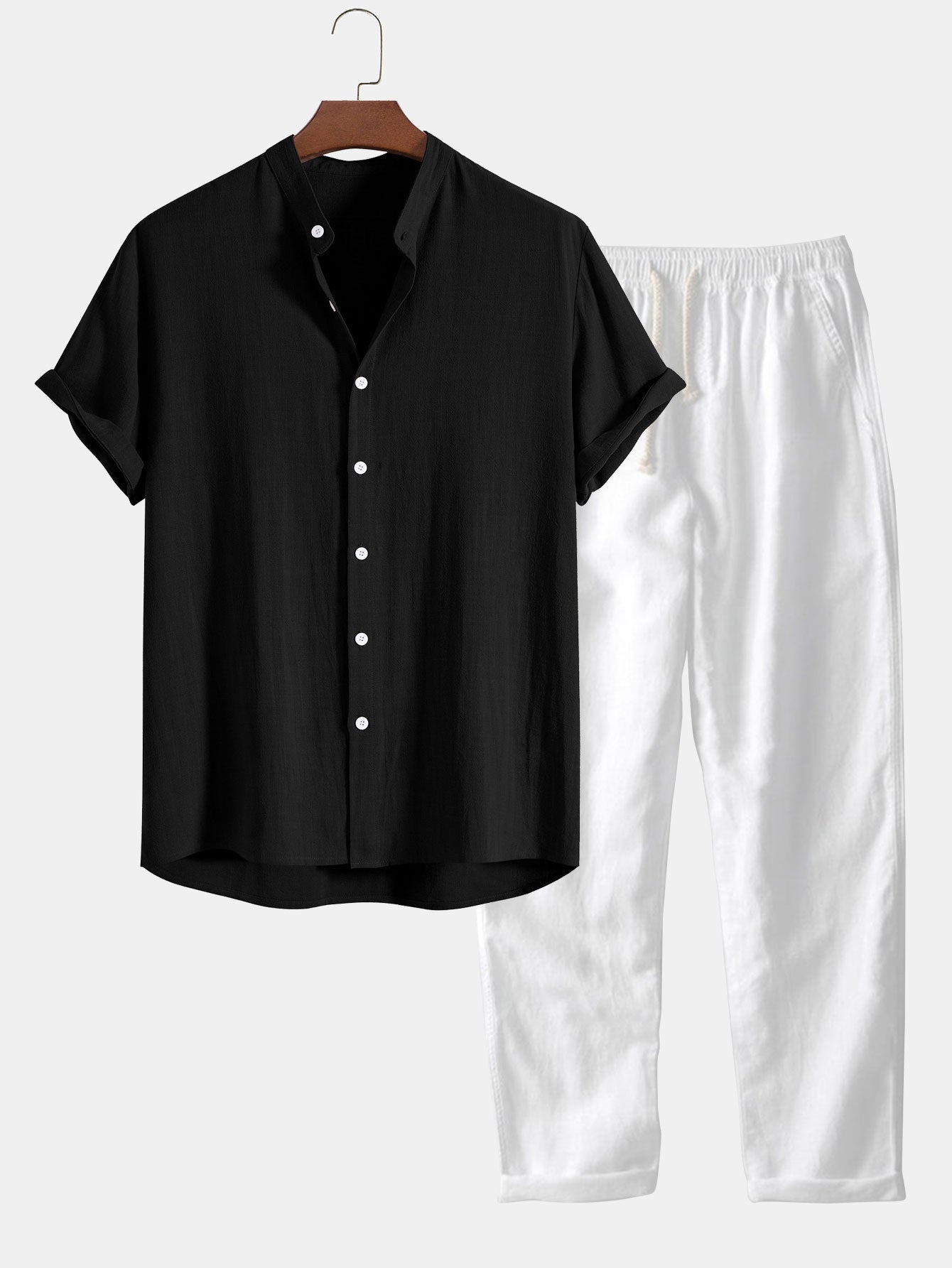 Ensemble homme lin été chemise manches courtes col mao pantalon à cordon