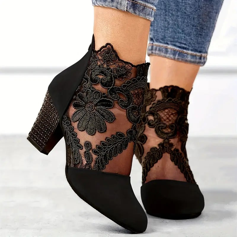 Bottines femme talon carré dentelle transparente bout rond élégantes