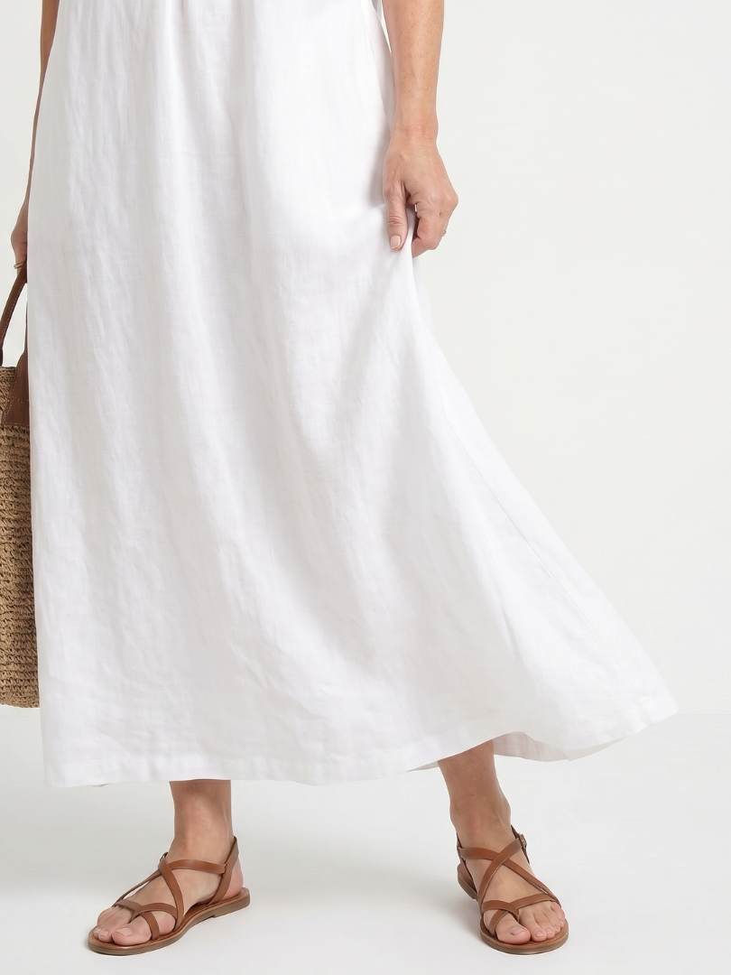 Robe longue femme en lin col V à volants sans manches coupe ample avec poches