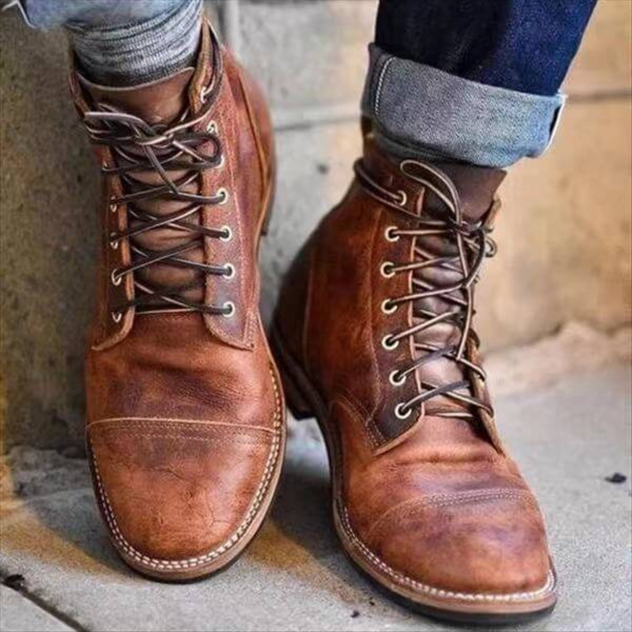 Bottines homme cuir à lacets bout carré vintage