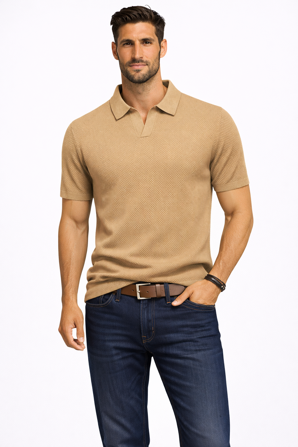 Polo homme maille texturée manches courtes col polo slim casual élégant