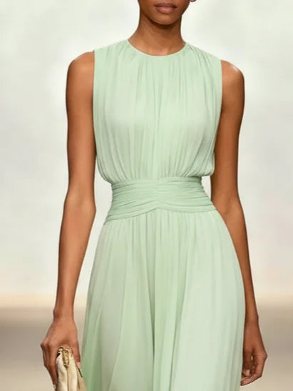 Robe longue mousseline sans manches col rond invitée mariage