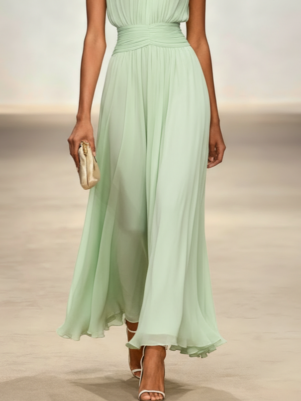 Robe longue mousseline sans manches col rond invitée mariage