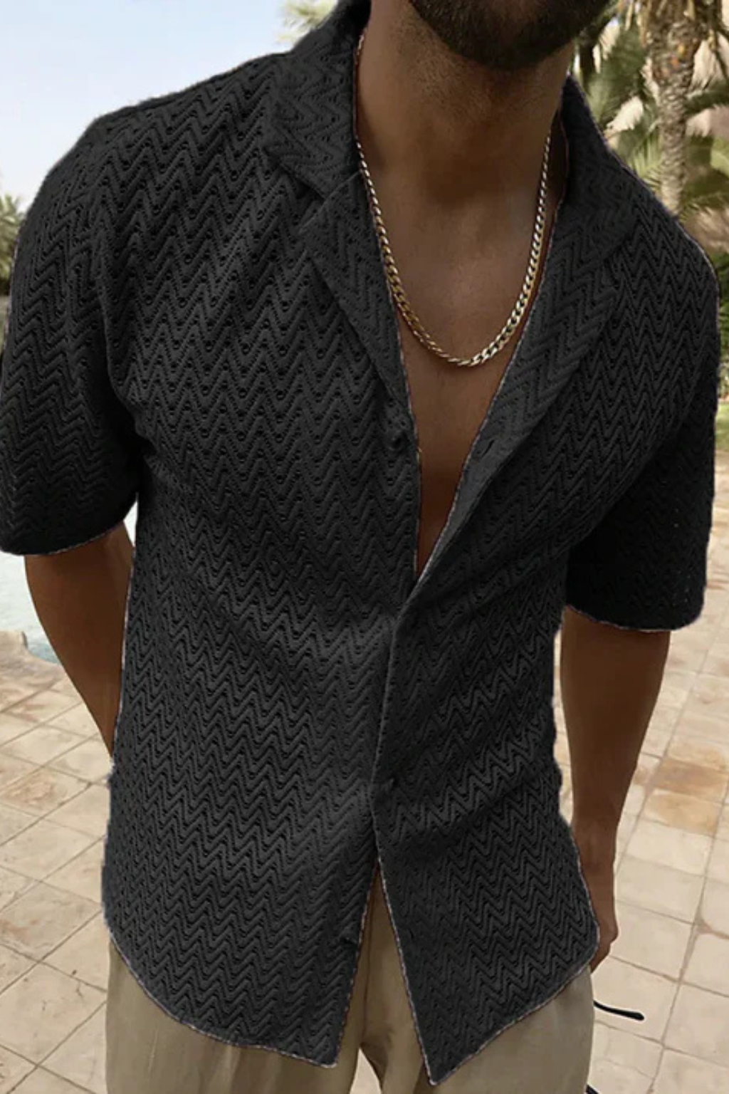 Chemise homme manches courtes texturée col ouvert boutonnée style été décontracté