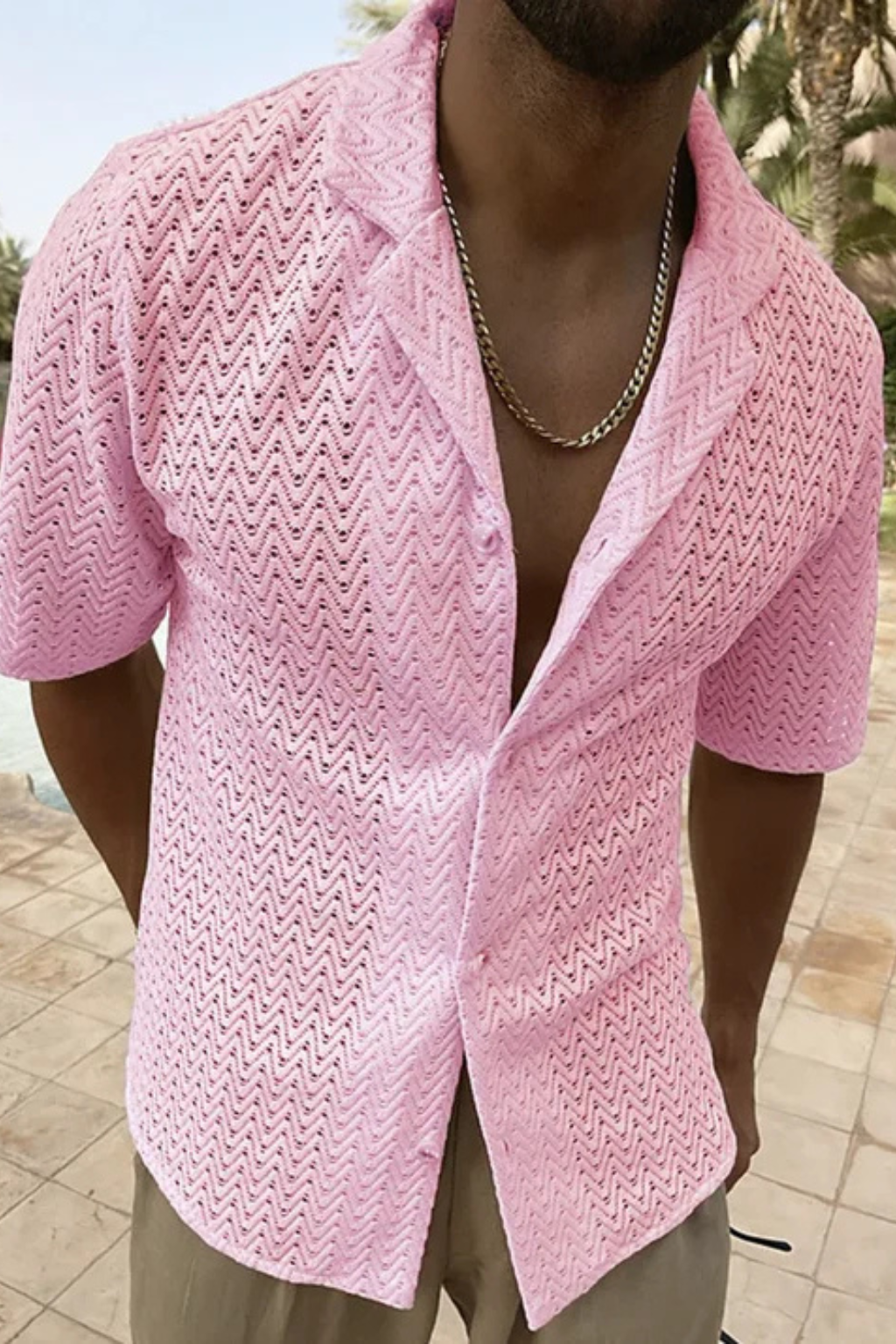 Chemise homme manches courtes texturée col ouvert boutonnée style été décontracté