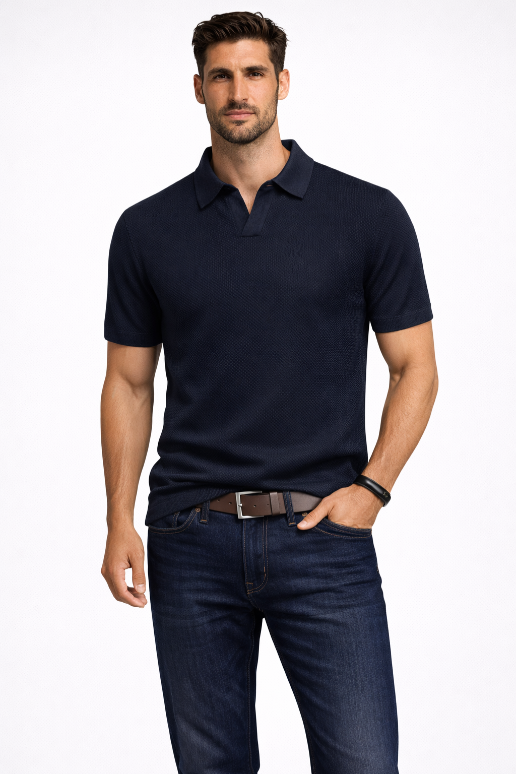 Polo homme maille texturée manches courtes col polo slim casual élégant