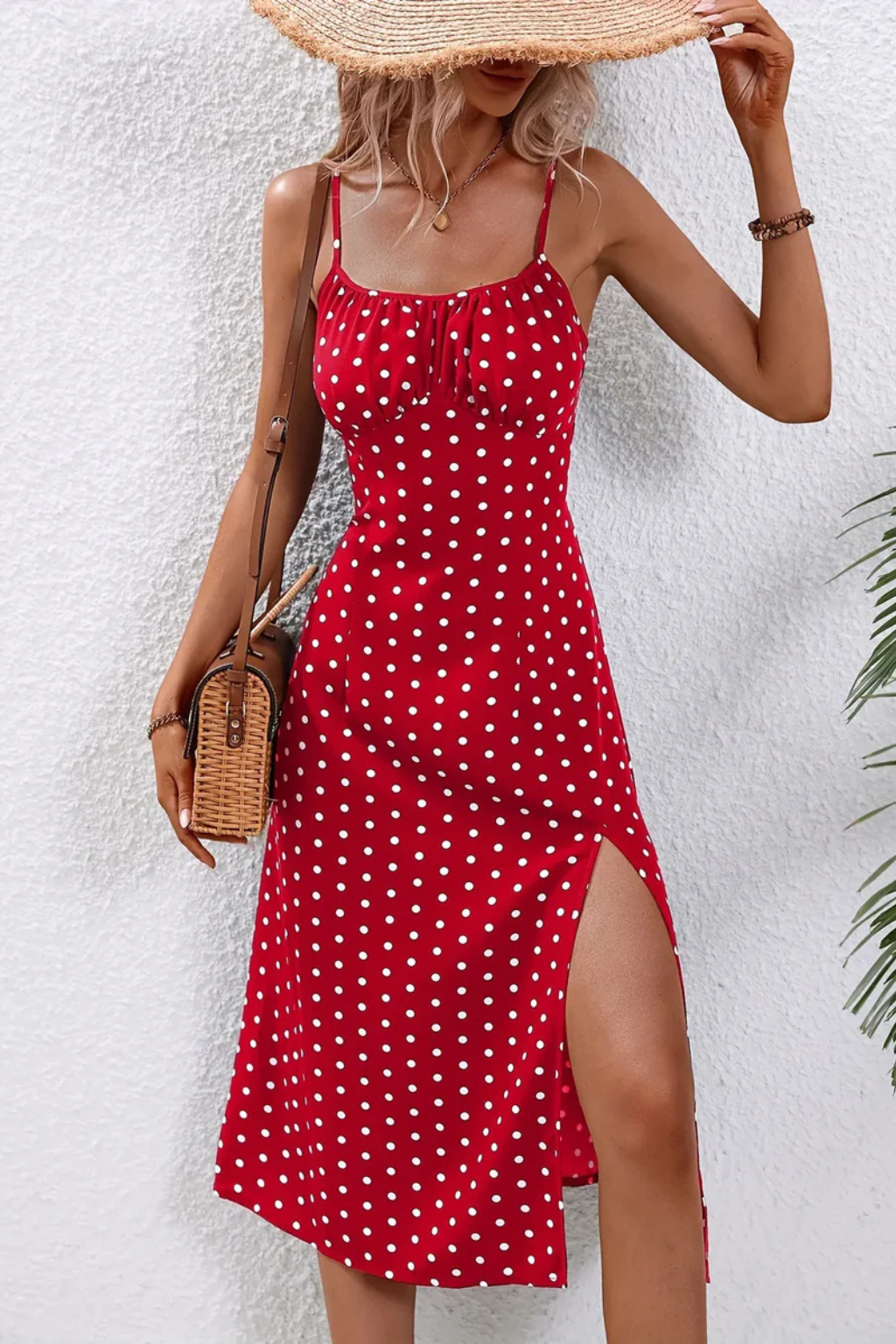 Robe midi femme à pois bretelles fines fente avant coupe cintrée été