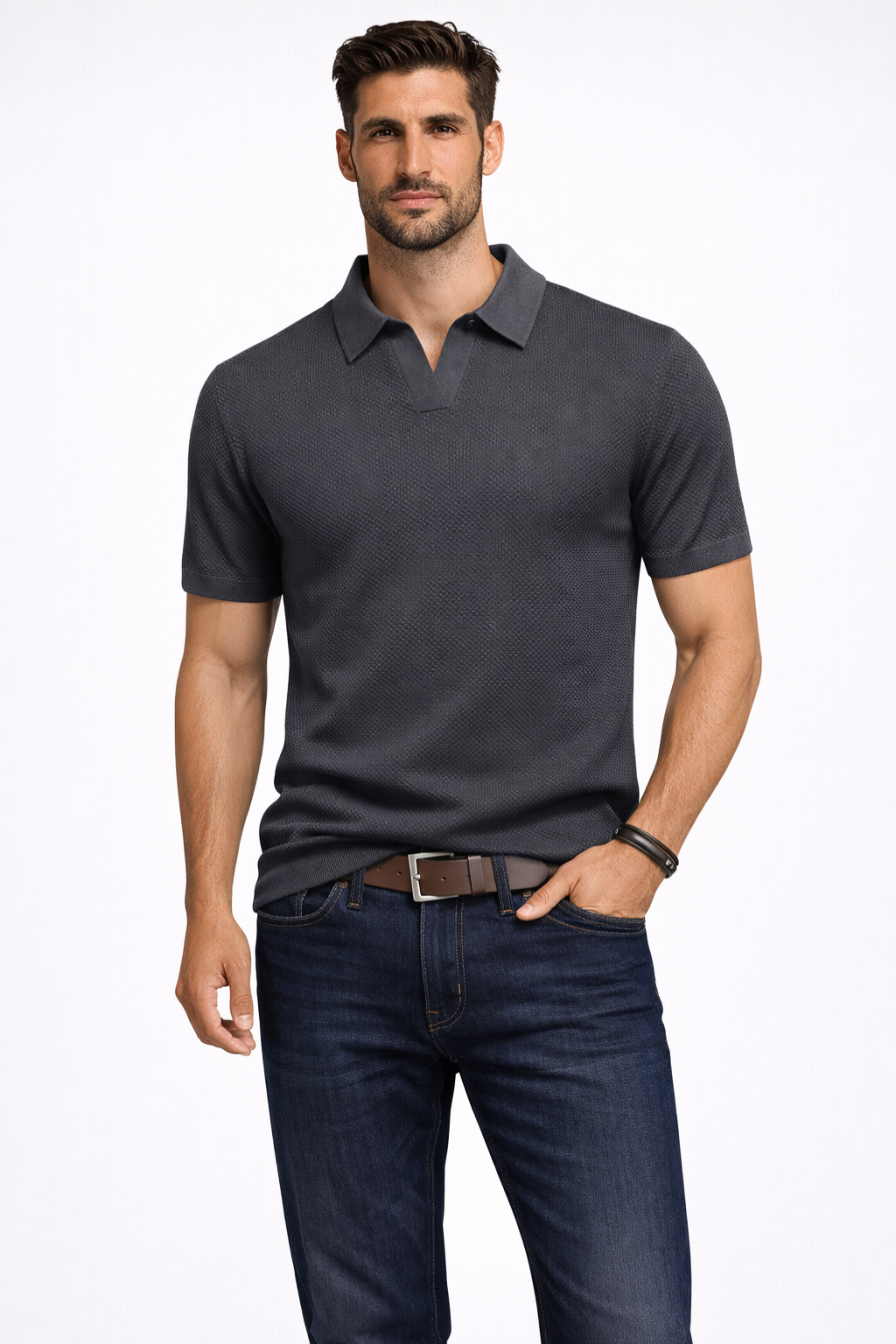 Polo homme maille texturée manches courtes col polo slim casual élégant
