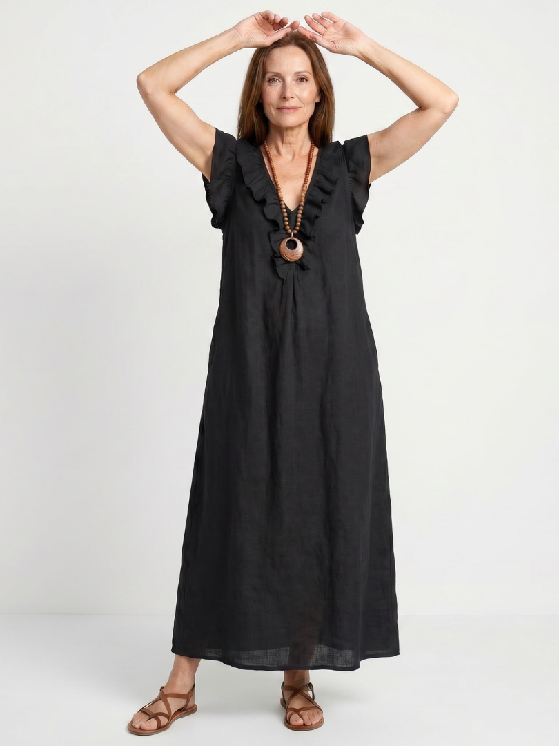 Robe longue femme en lin col V à volants sans manches coupe ample avec poches