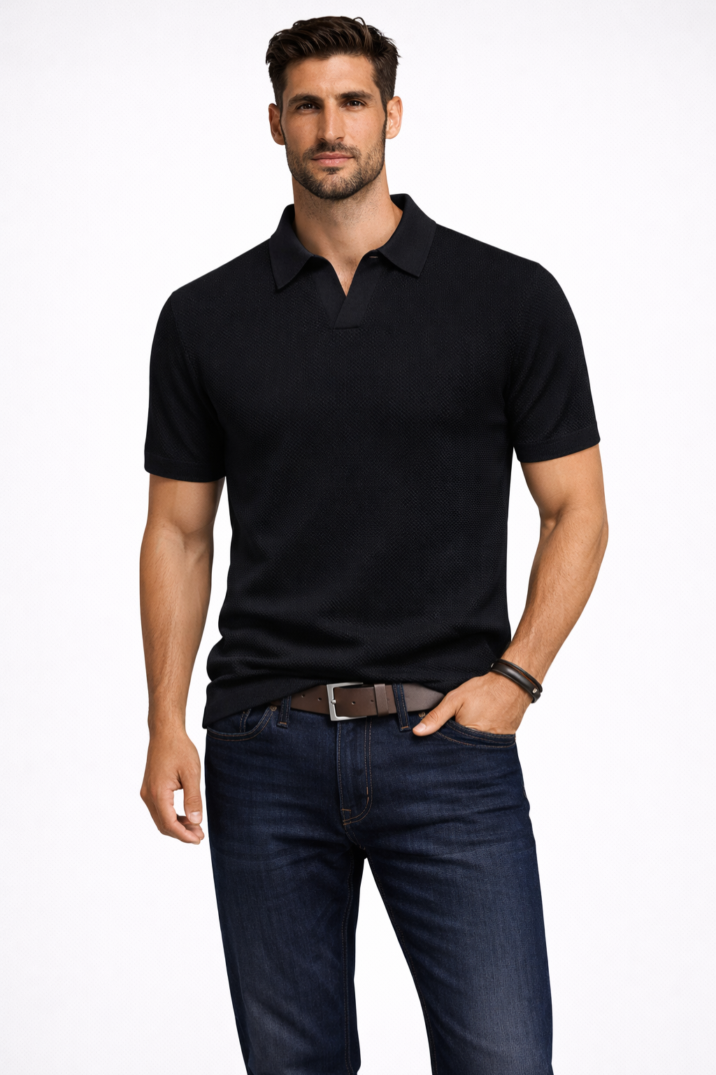 Polo homme maille texturée manches courtes col polo slim casual élégant