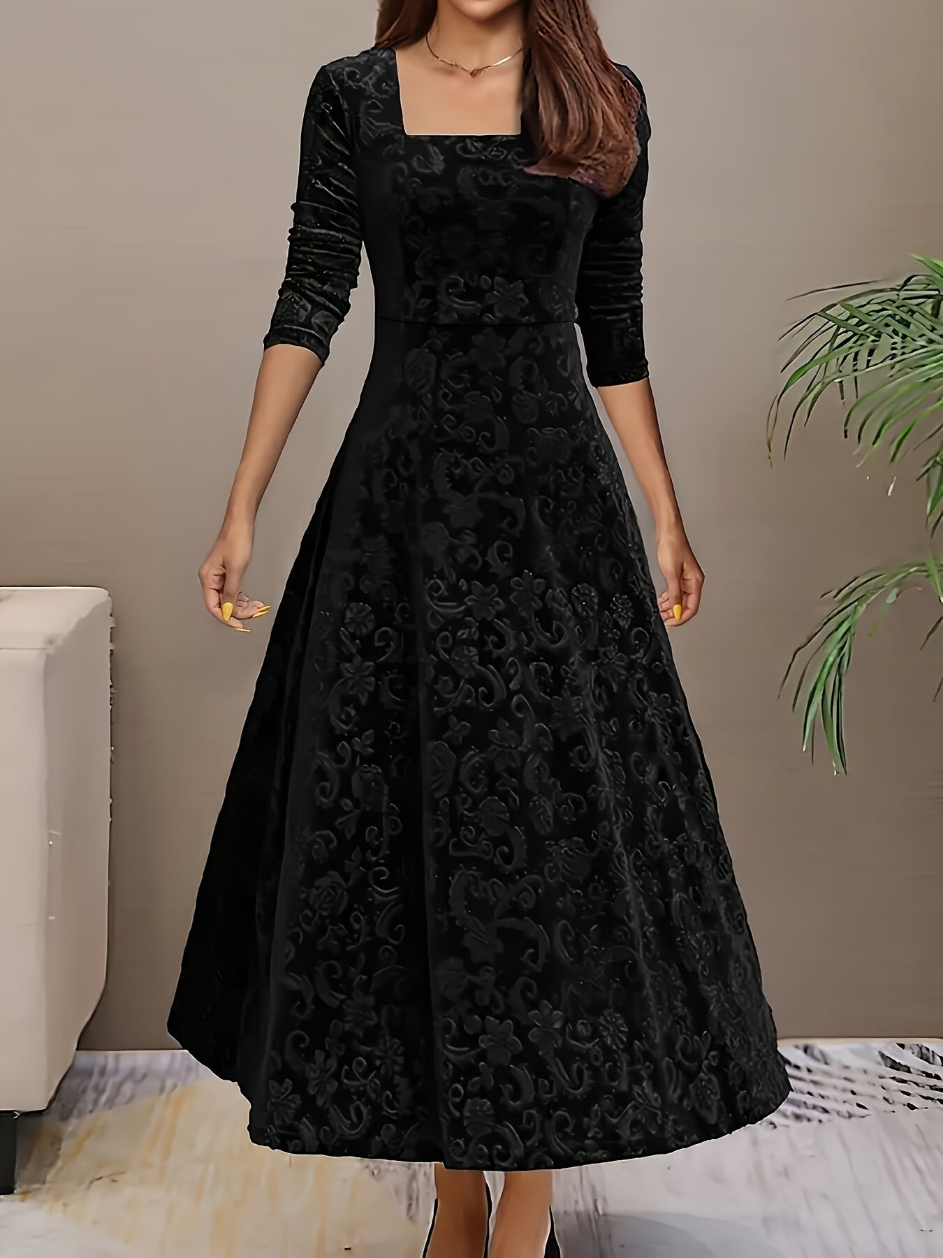 Robe midi femme col carré manches longues coupe évasée élégante