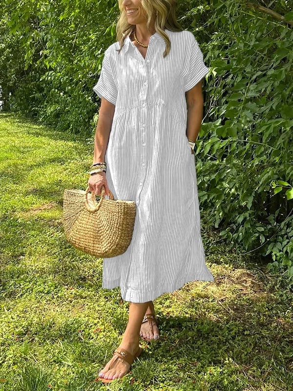 Robe chemise femme rayée midi manches courtes boutonnée coupe ample avec poches