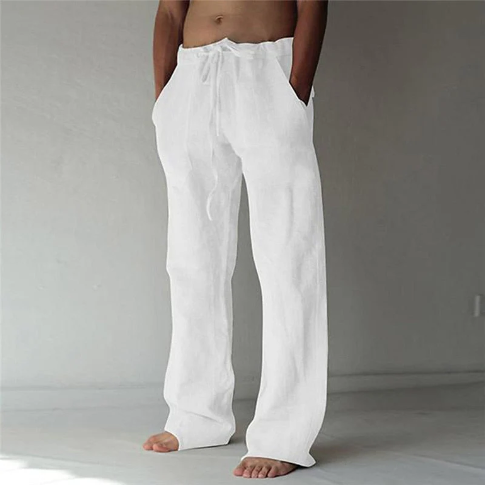 Pantalon large homme en lin à taille élastique avec cordon de serrage