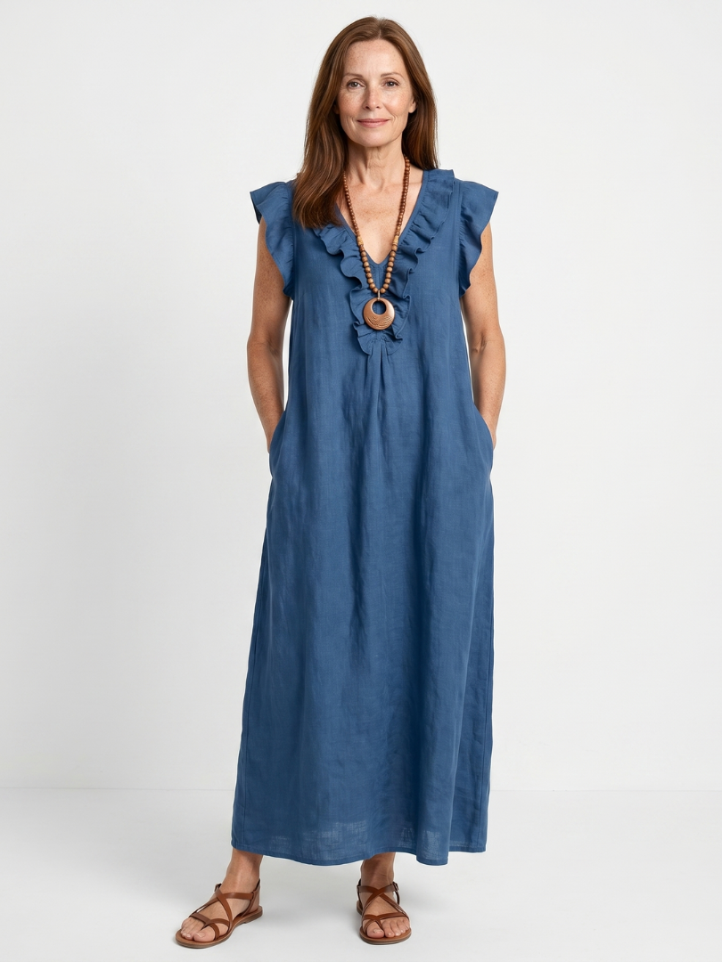 Robe longue femme en lin col V à volants sans manches coupe ample avec poches