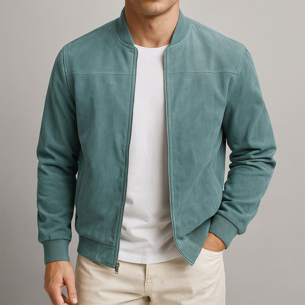 Blouson homme zippé suédine col montant manches longues veste casual mi-saison