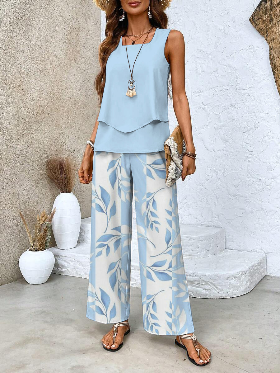 Ensemble femme haut sans manches et pantalon large imprimé fluide