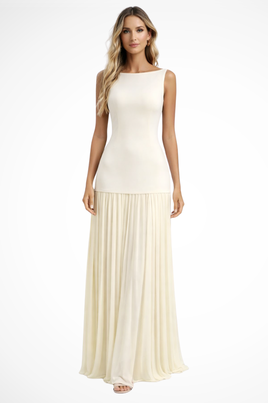 Robe longue femme plissée sans manches coupe moulante élégante cérémonie soirée
