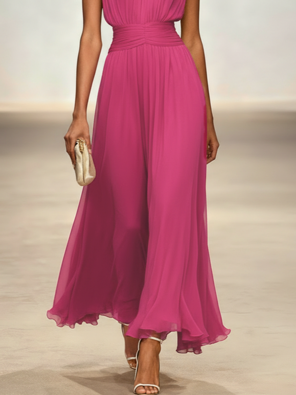 Robe longue mousseline sans manches col rond invitée mariage