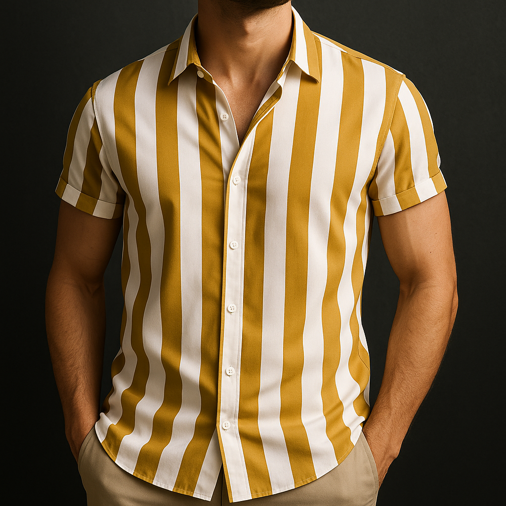 Chemise homme manches courtes rayée coupe ajustée col italien boutonnée