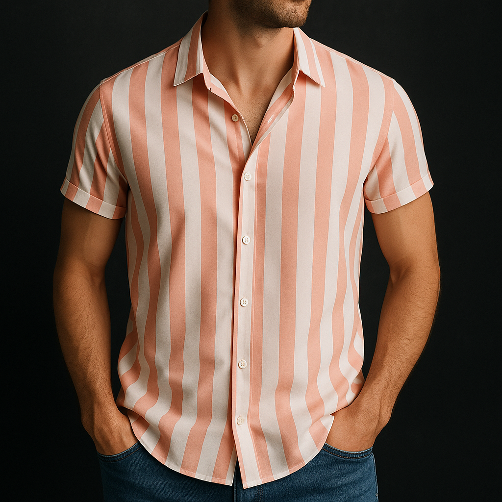 Chemise homme manches courtes rayée coupe ajustée col italien boutonnée