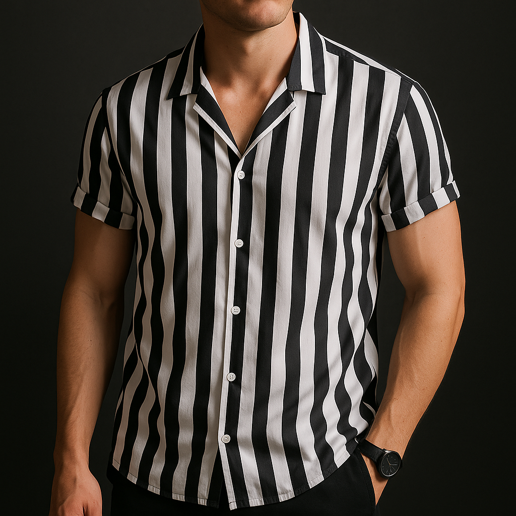 Chemise homme manches courtes rayée coupe ajustée col italien boutonnée