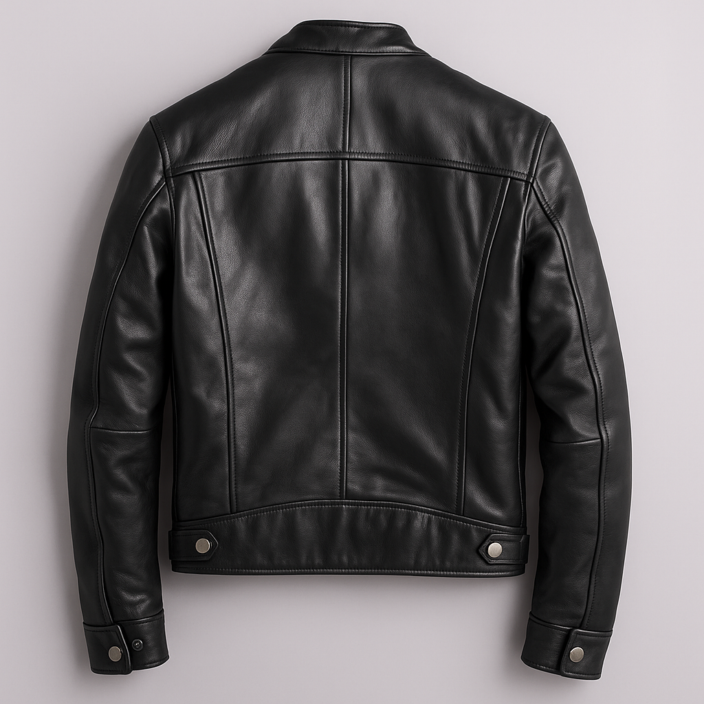 Veste homme style motard en cuir avec col montant et fermeture zippée