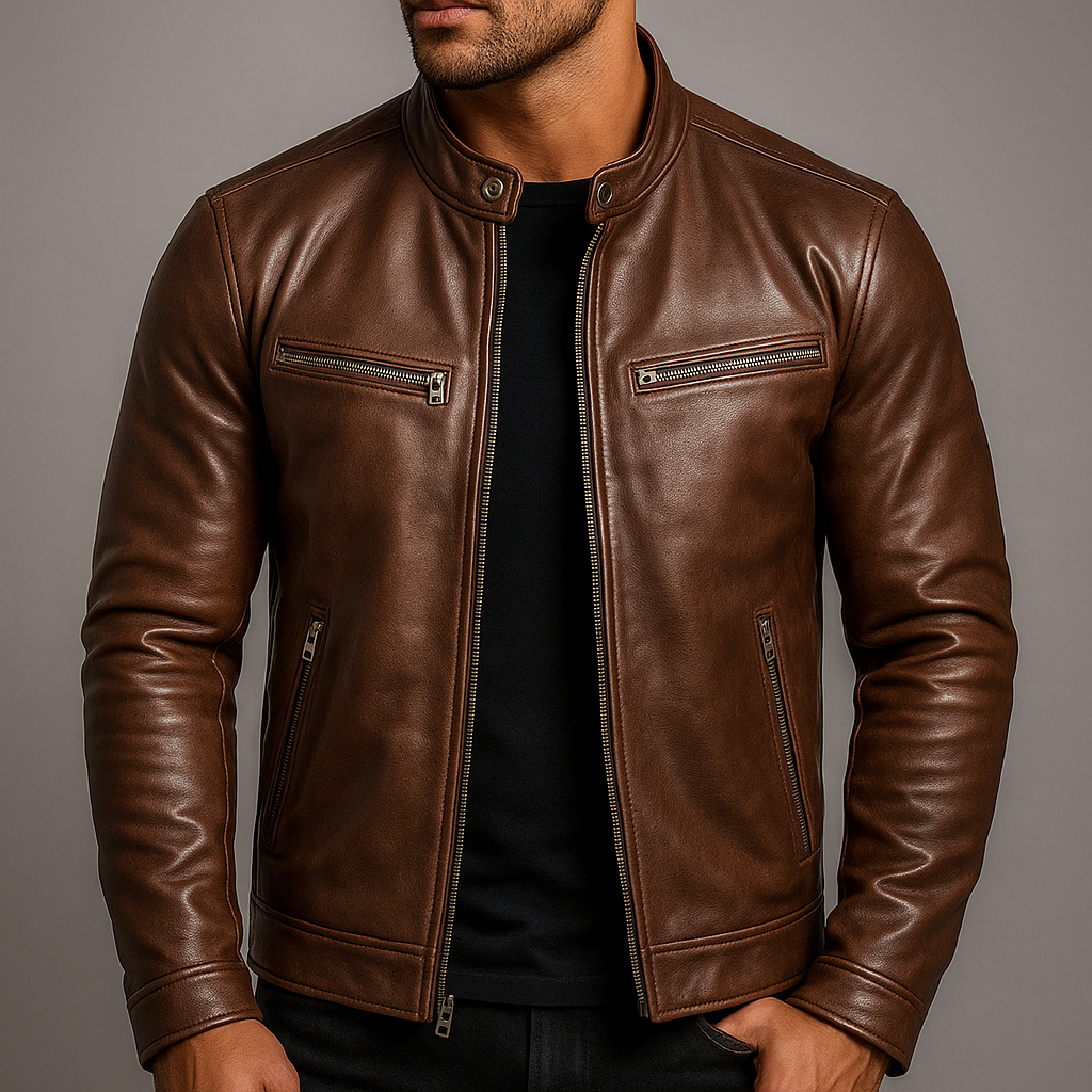 Veste homme style motard en cuir avec col montant et fermeture zippée