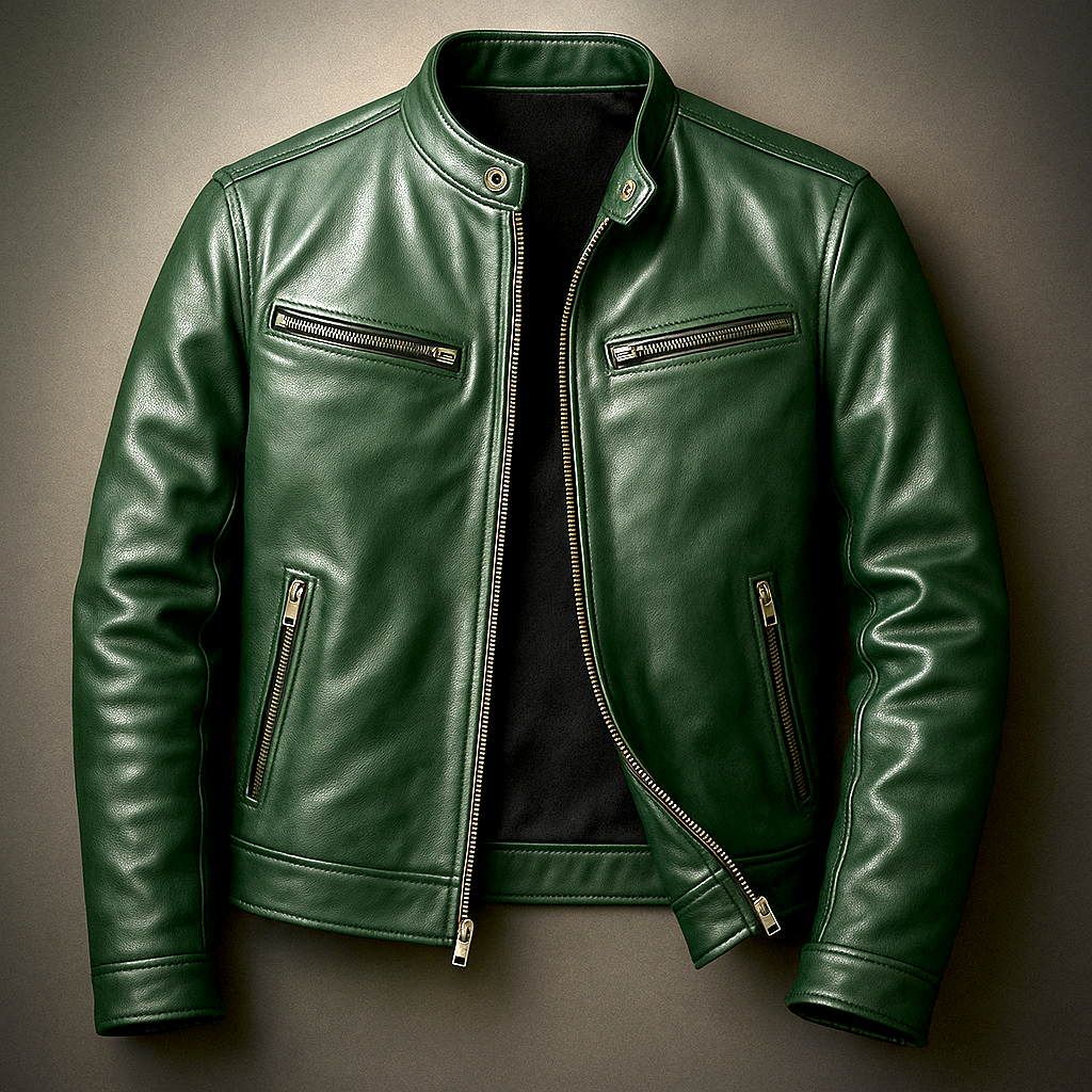 Veste homme style motard en cuir avec col montant et fermeture zippée