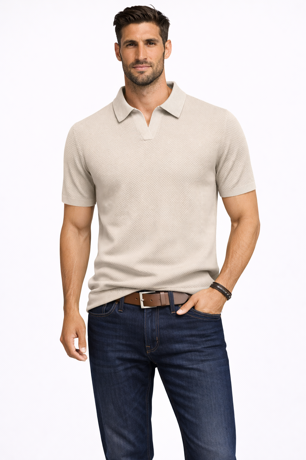 Polo homme maille texturée manches courtes col polo slim casual élégant