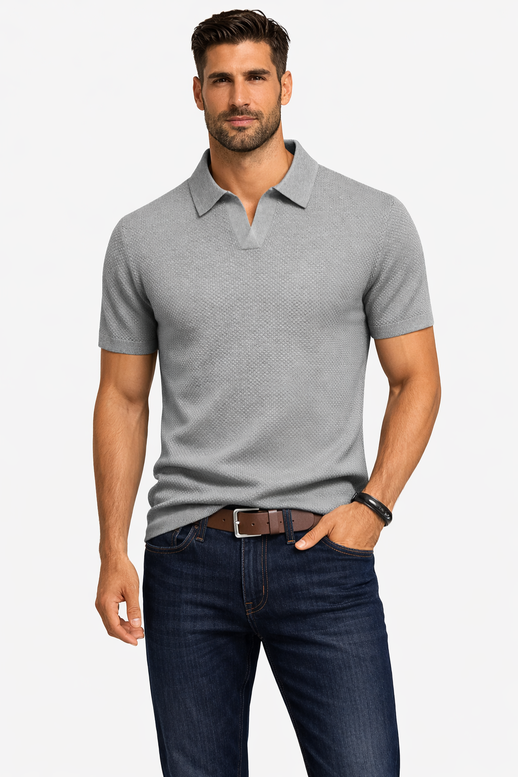 Polo homme maille texturée manches courtes col polo slim casual élégant