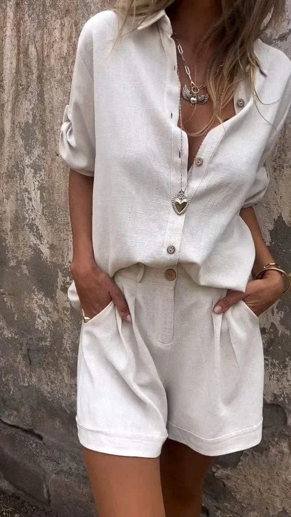 Ensemble femme chemise manches retroussables short taille haute ample casual
