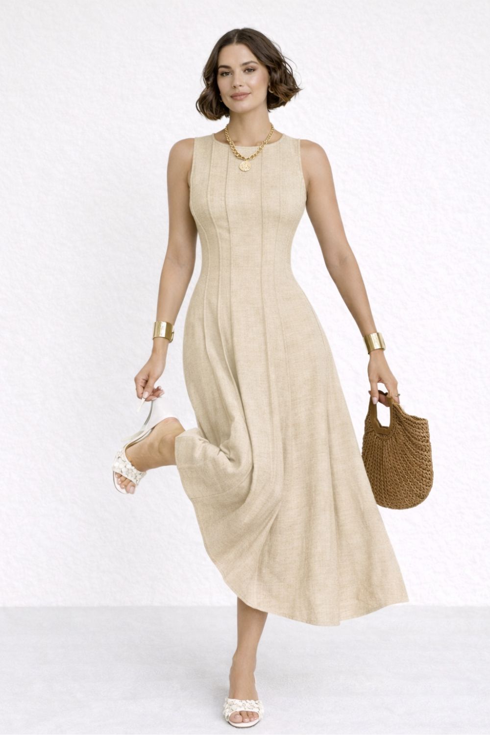 Robe longue femme en lin sans manches taille cintrée coupe évasée