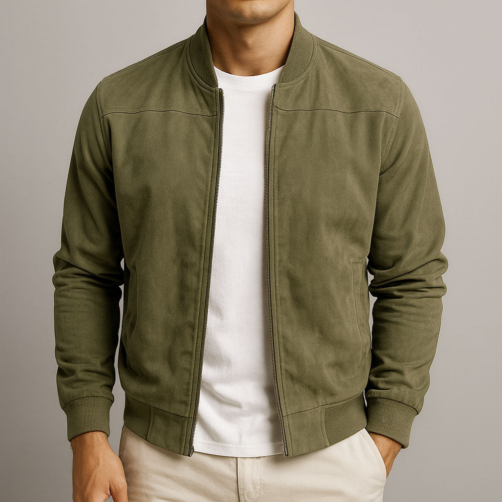 Blouson homme zippé suédine col montant manches longues veste casual mi-saison