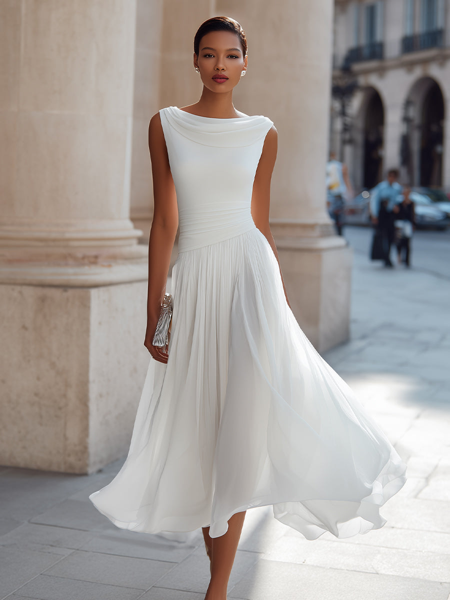 Robe midi col drapé plissée sans manches cérémonie