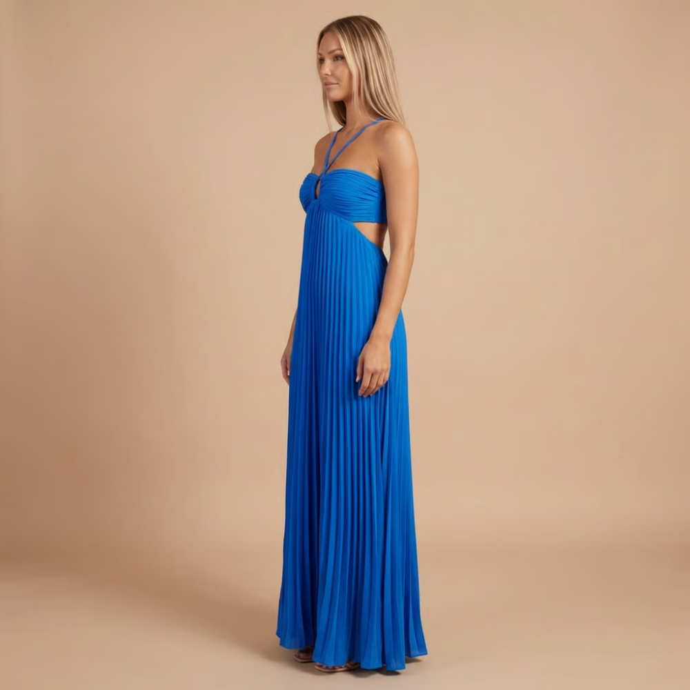 Robe longue invitée mariage plissée dos nu à découpes et col licou