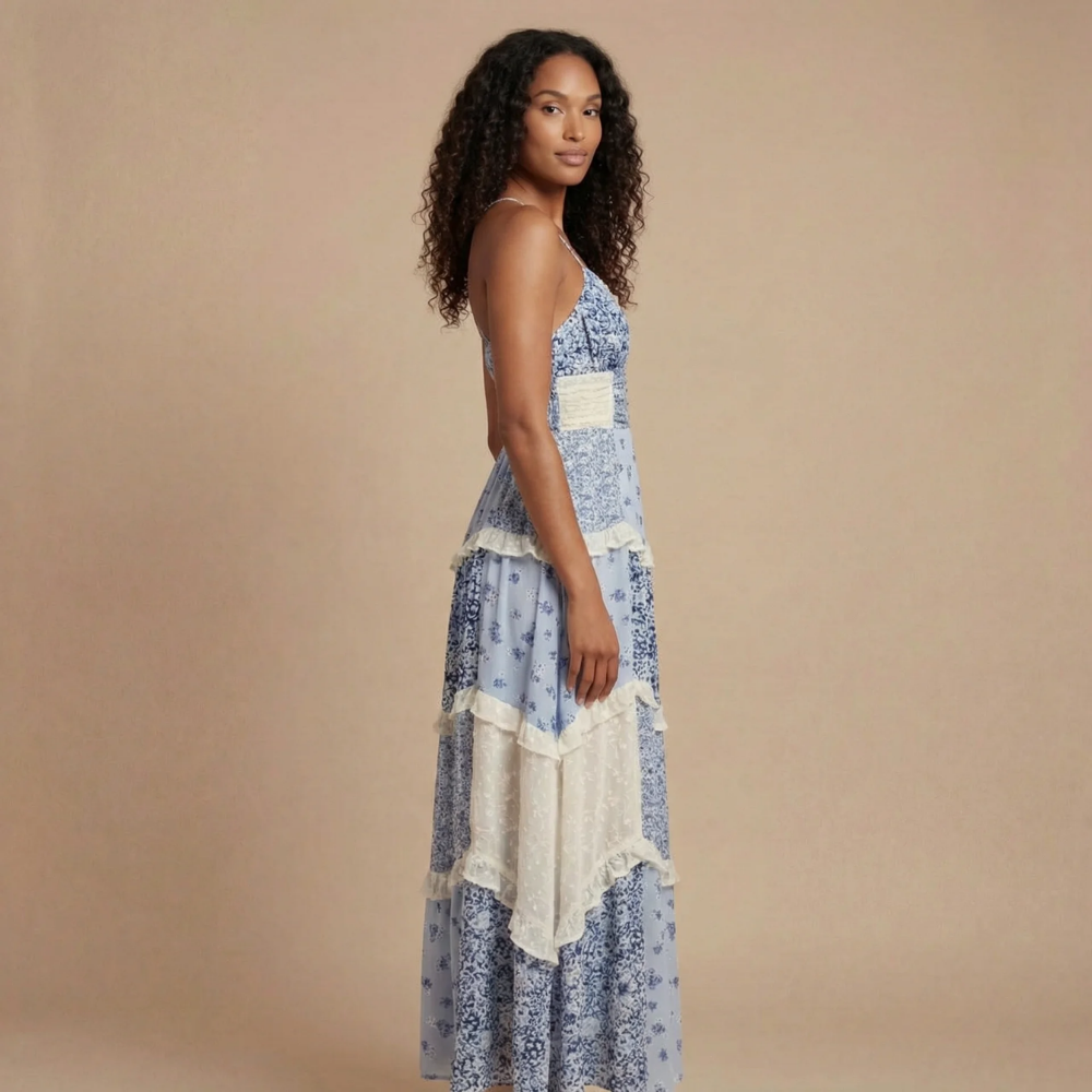 Robe longue invitée mariage à fleurs col V avec volants et fines bretelles