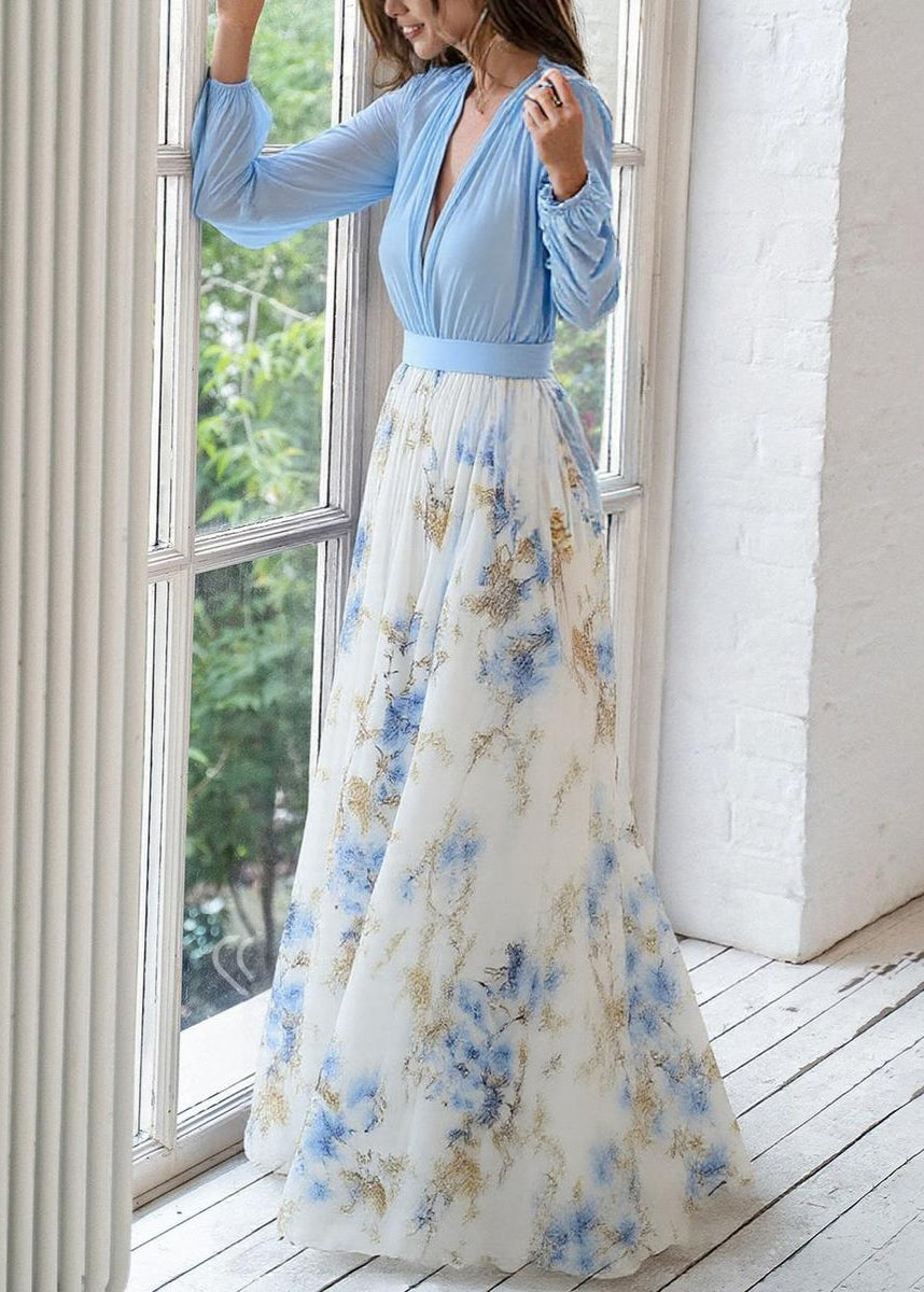 Robe invitée mariage longue fleurie femme manches longues col plongeant fluide