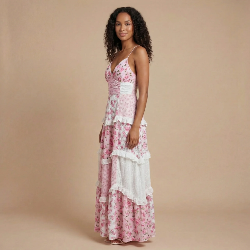 Robe longue invitée mariage à fleurs col V avec volants et fines bretelles