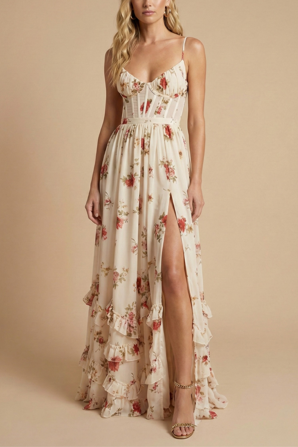Robe longue fleurie femme fente avant bretelles fines col cœur coupe fluide