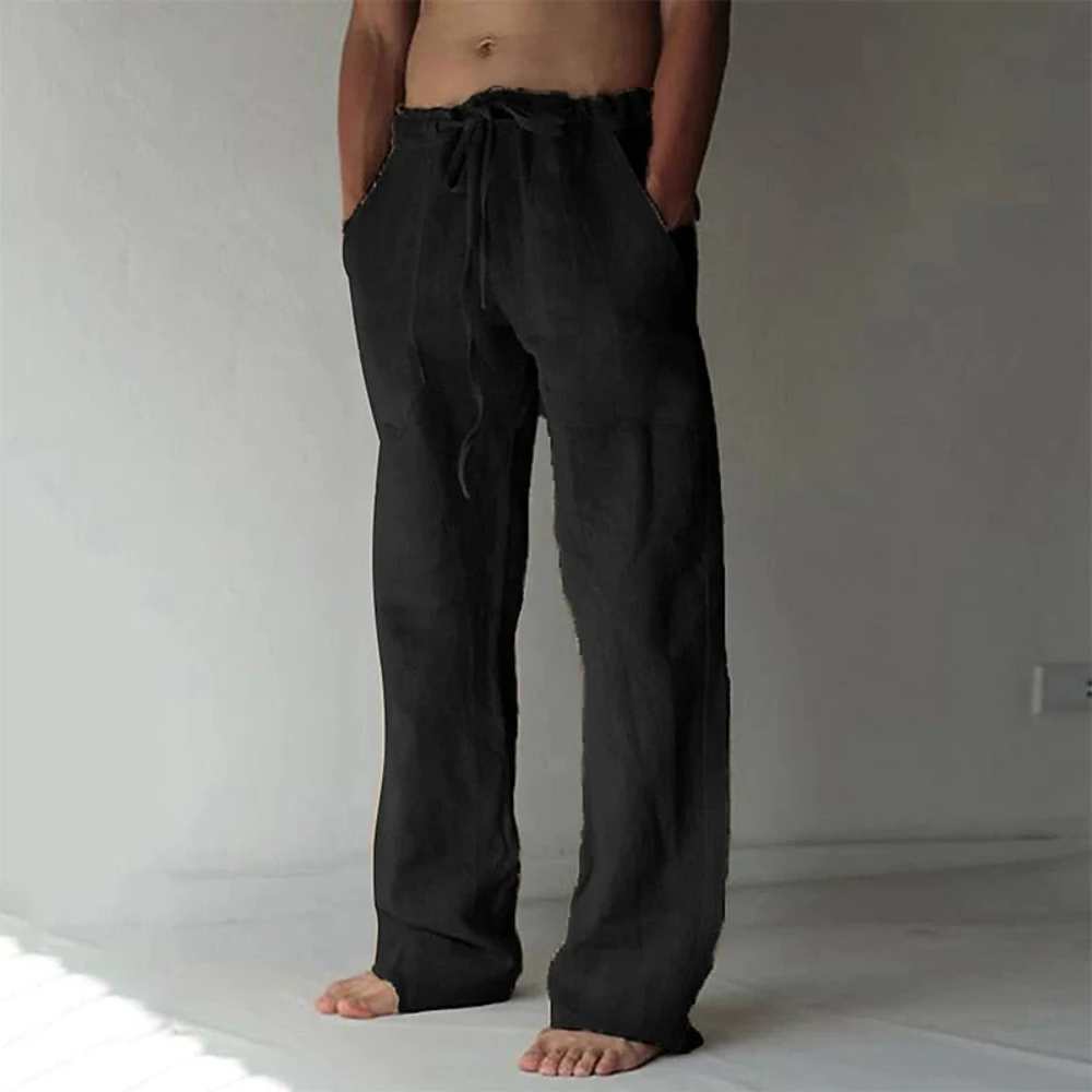 Pantalon large homme en lin à taille élastique avec cordon de serrage