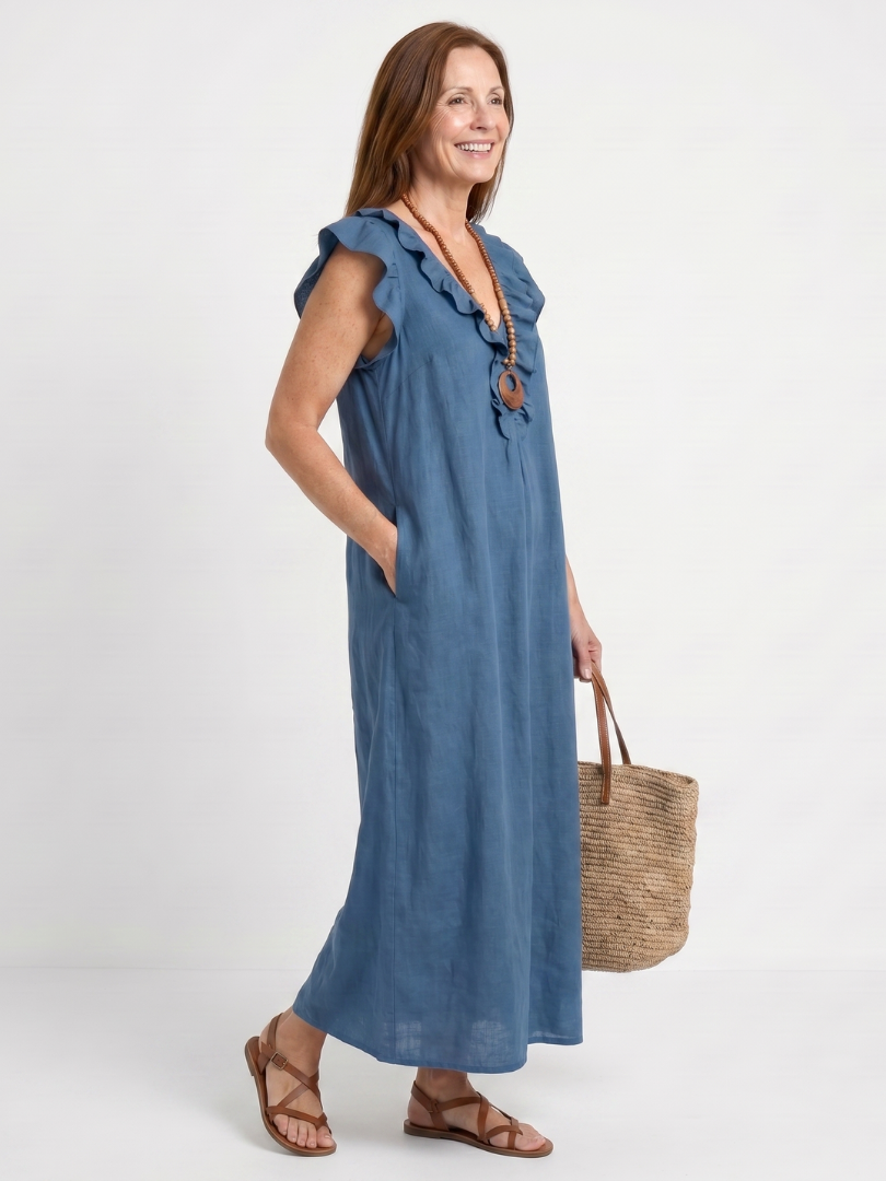Robe longue femme en lin col V à volants sans manches coupe ample avec poches