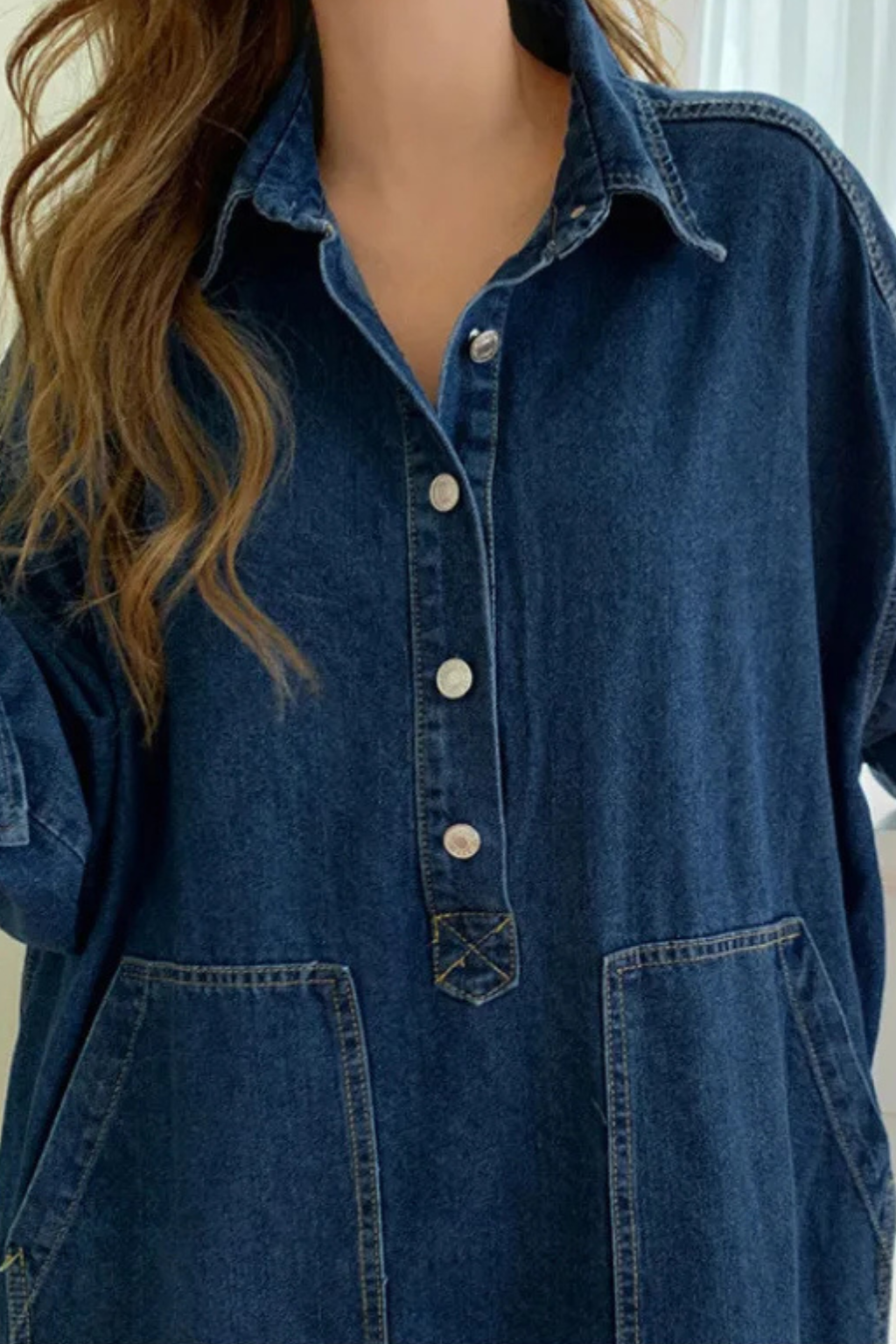 Robe en jean longue oversize col chemise manches longues