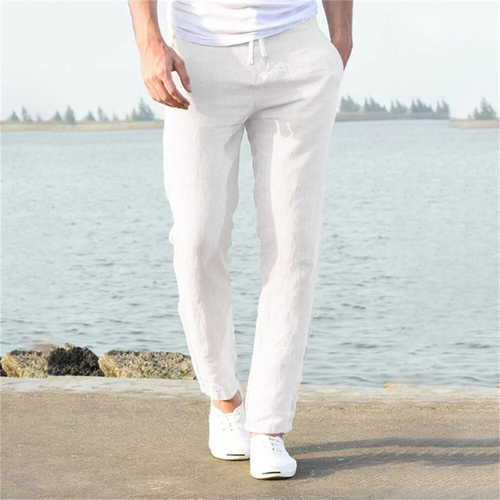 Pantalon homme lin coupe droite taille élastique avec cordon été