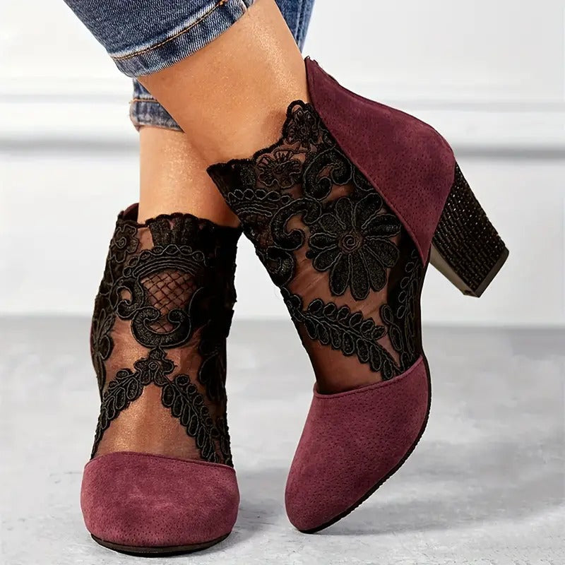 Bottines femme talon carré dentelle transparente bout rond élégantes